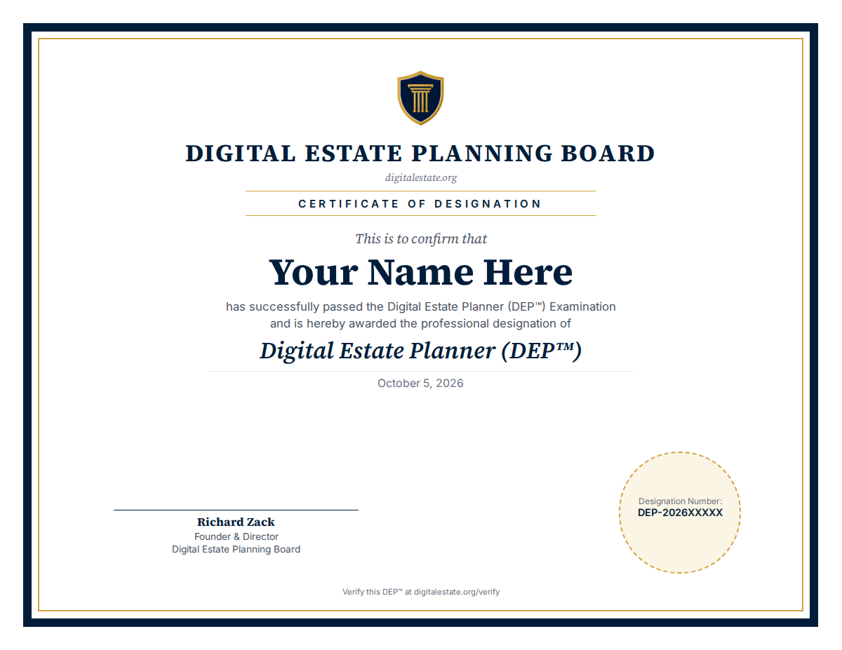 Sample DEP™ Certificate of Designation: numbered and verifiable on the Board's website